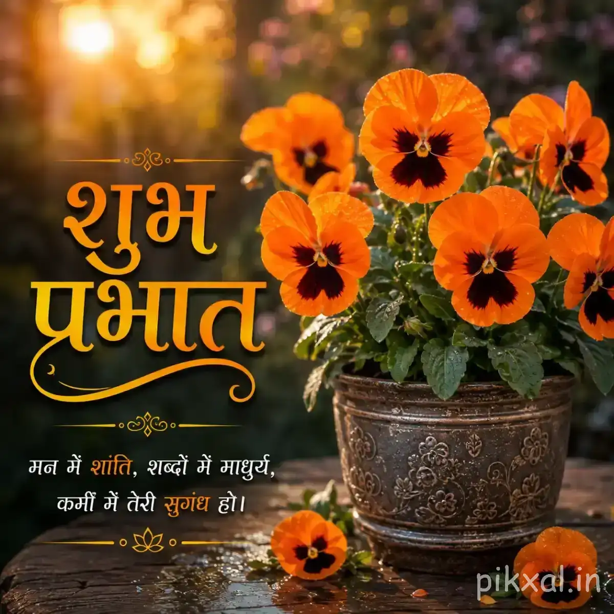 Several orange flowers with dark centers growing in a pot against warm sunlight with a Hindi Good Morning wish