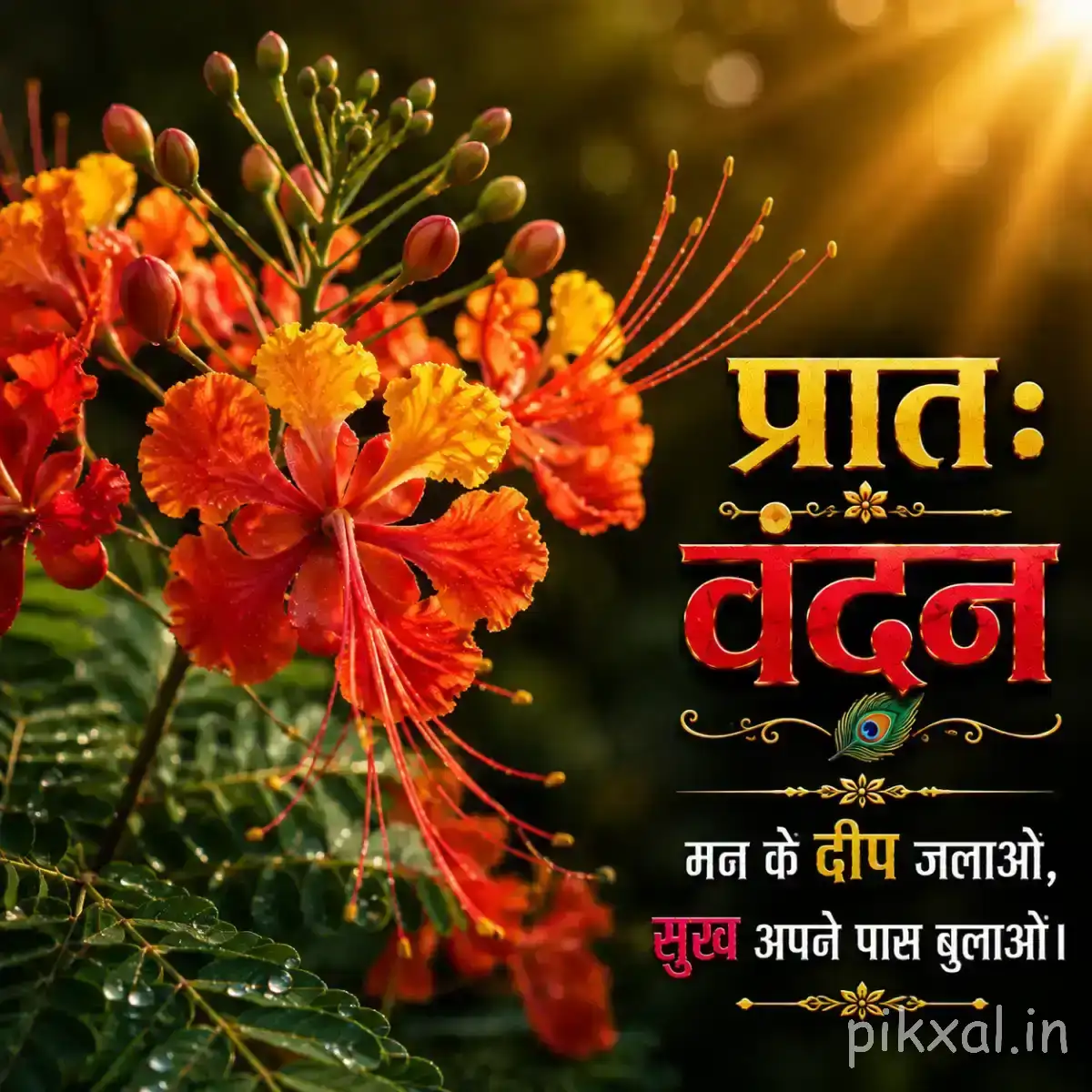 Orange-red flowers with long projecting stamens and slender buds against warm morning sunlight with a Hindi morning wish