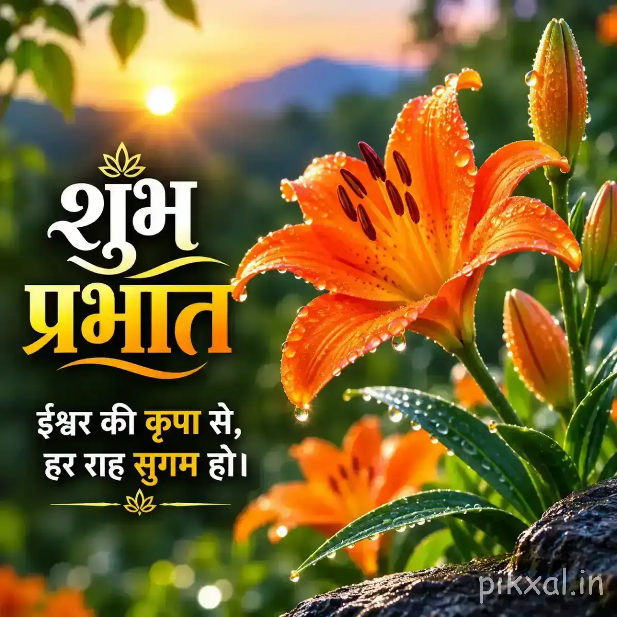 Large orange flower with elongated petals and unopened buds against a mountain sunrise with a Hindi Good Morning wish