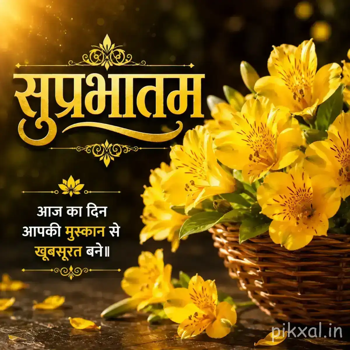 Cluster of bright yellow flowers with layered petals against warm sunrise light with a Hindi Good Morning wish