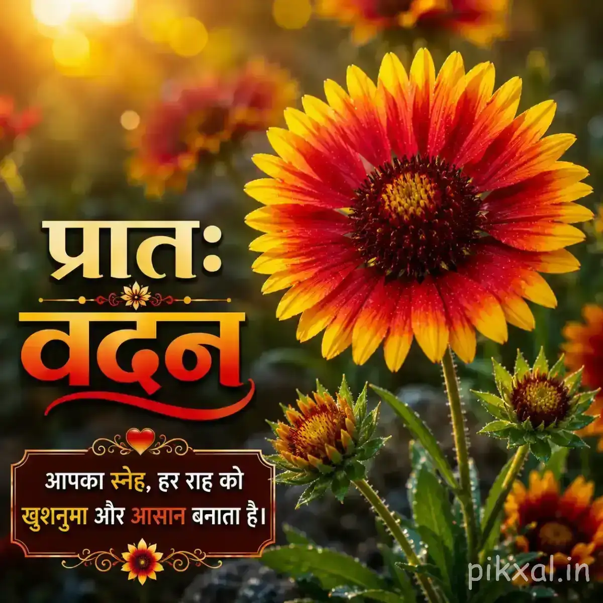 Large yellow and red flower with a dark center beside an unopened bud against warm blurred foliage