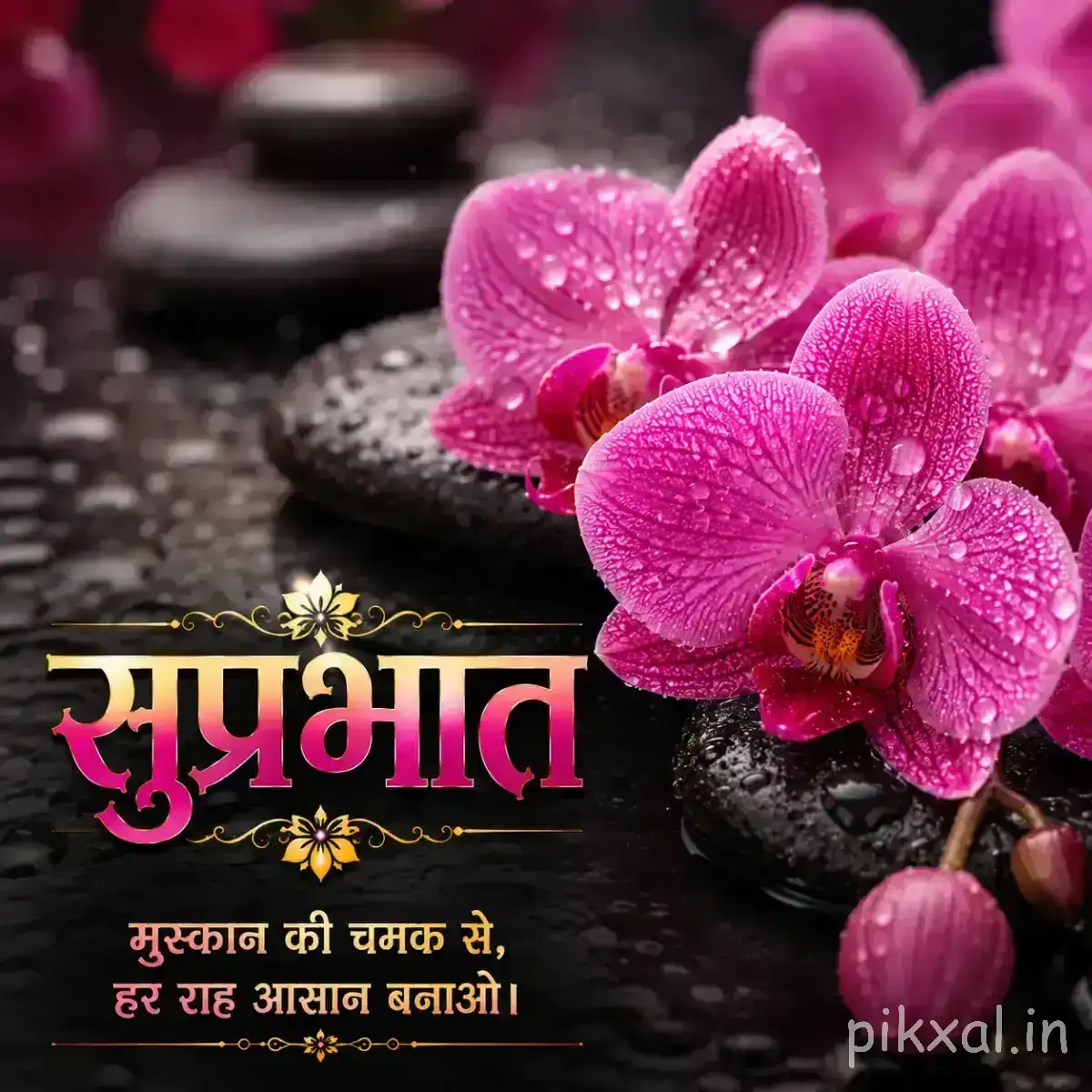 Cluster of bright pink rounded flowers on a dark stone surface with a Hindi Good Morning wish