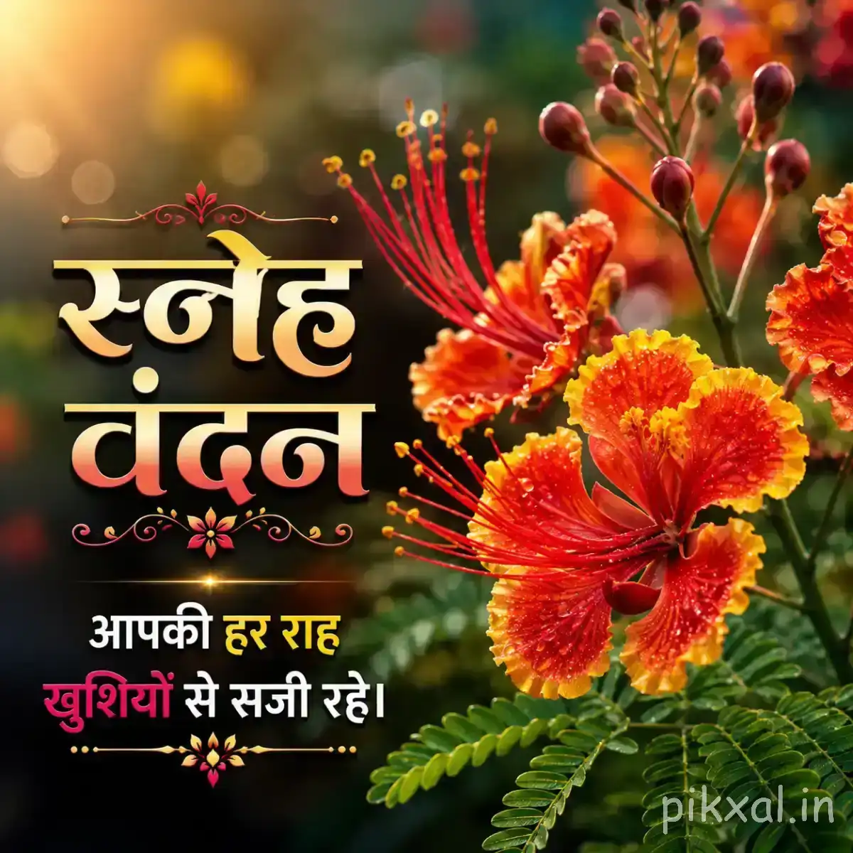 Several orange-red flowers with long projecting stamens and green leaves against warm blurred greenery with a Hindi wish