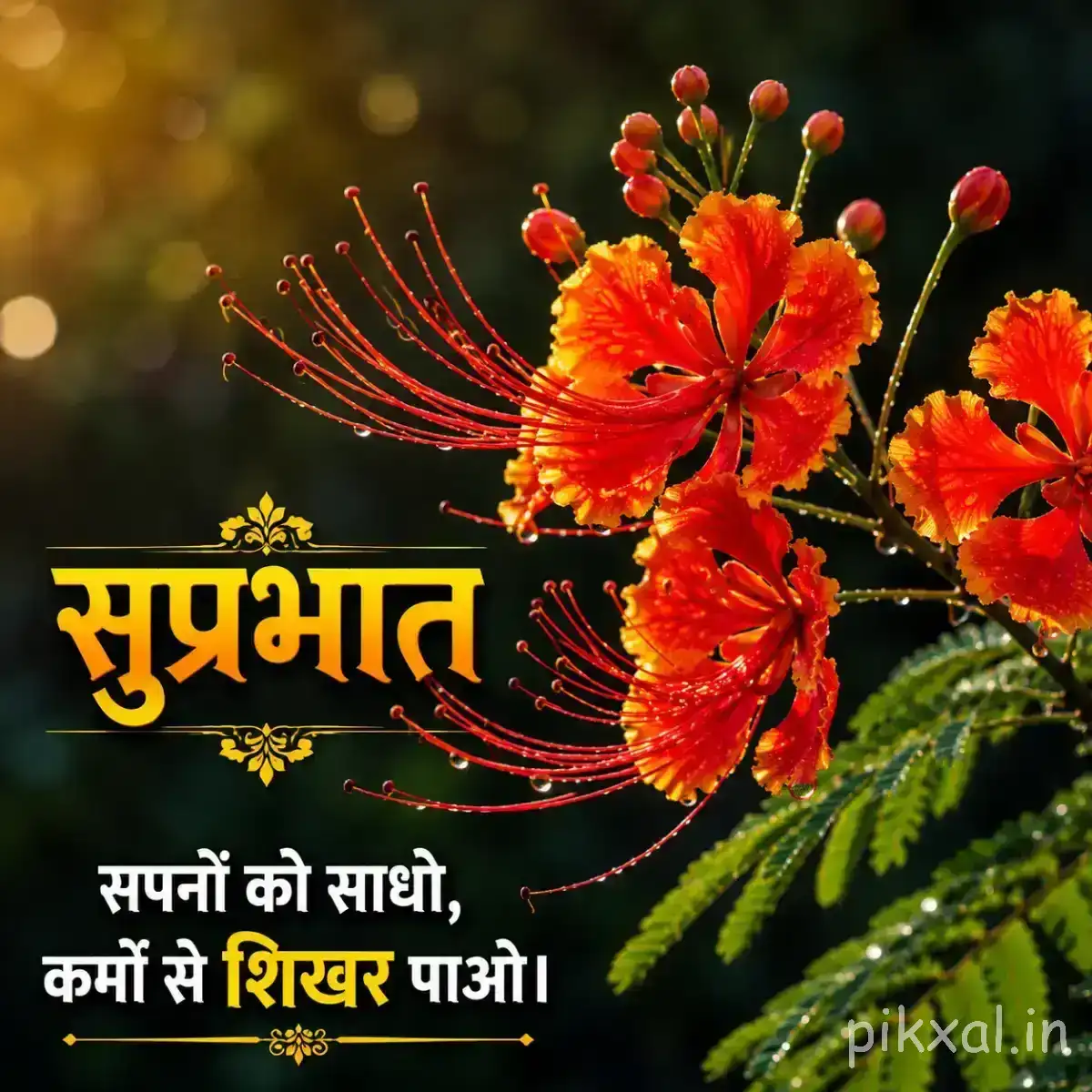 Orange-red flowers with long stamens alongside a yellow-red flower against a dark garden background with a Hindi Good Morning wish