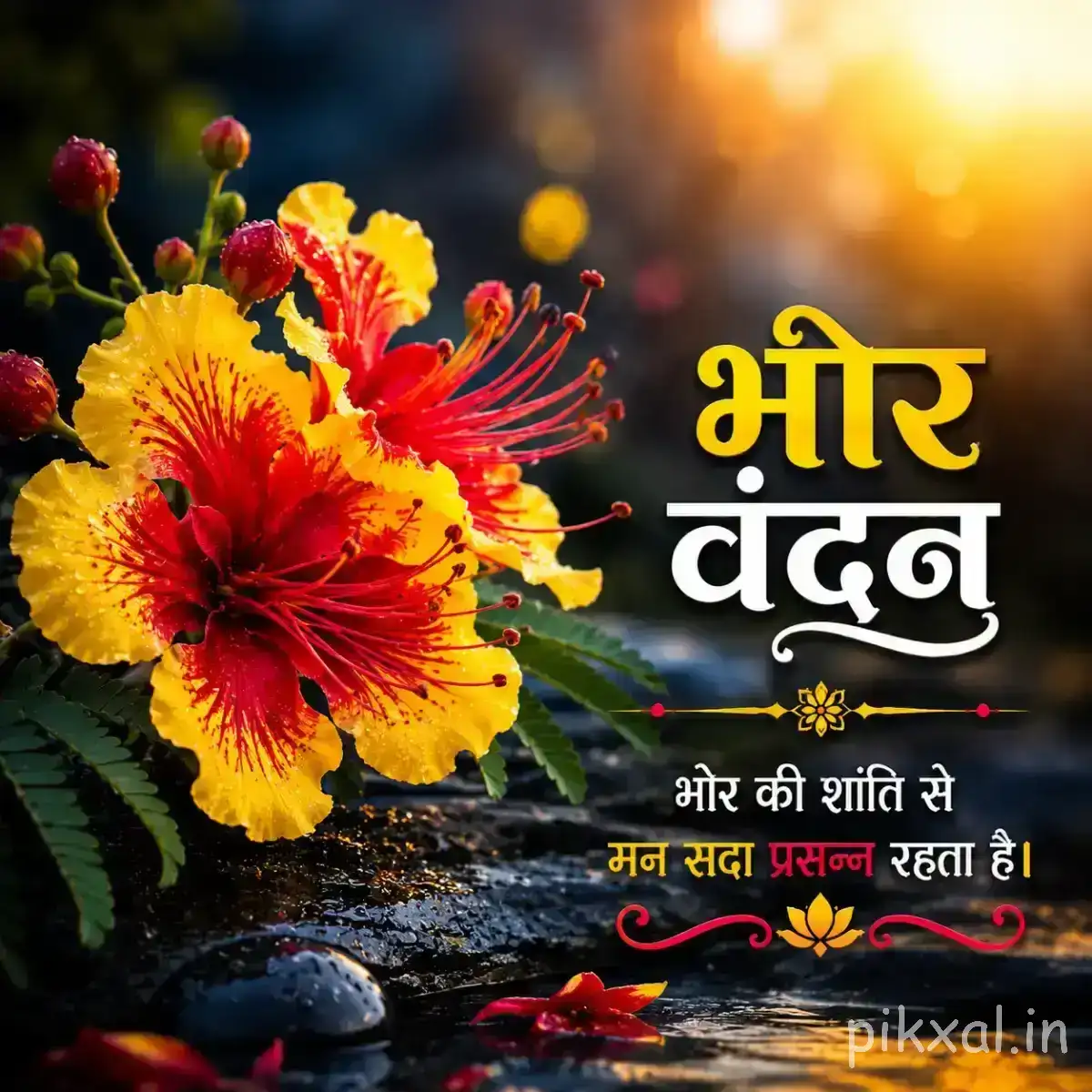 Yellow and red flowers with long stamens beside dark stones and green foliage with a Hindi morning wish