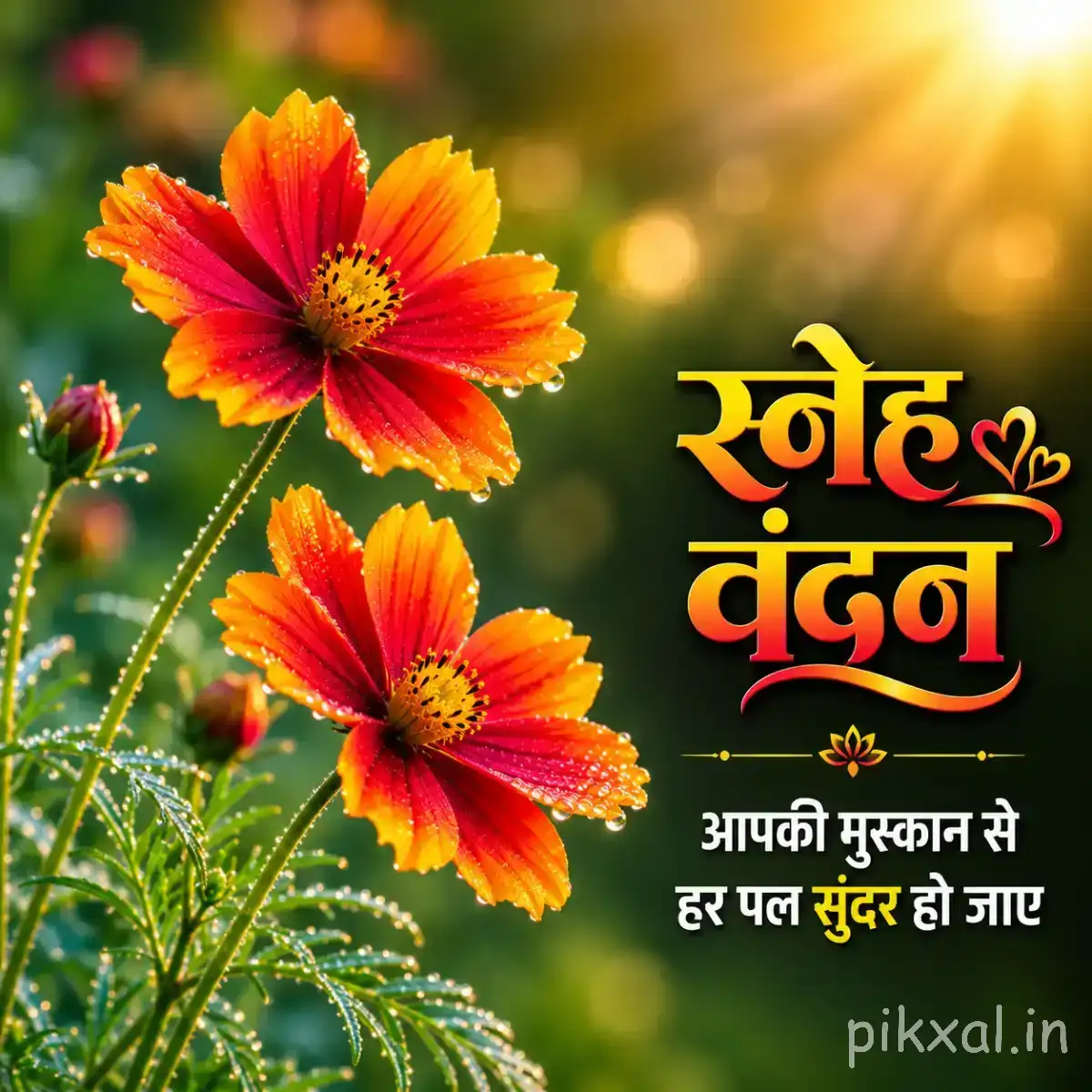 Two orange-red flowers with yellow centers and green foliage against warm blurred sunlight with a Hindi morning wish