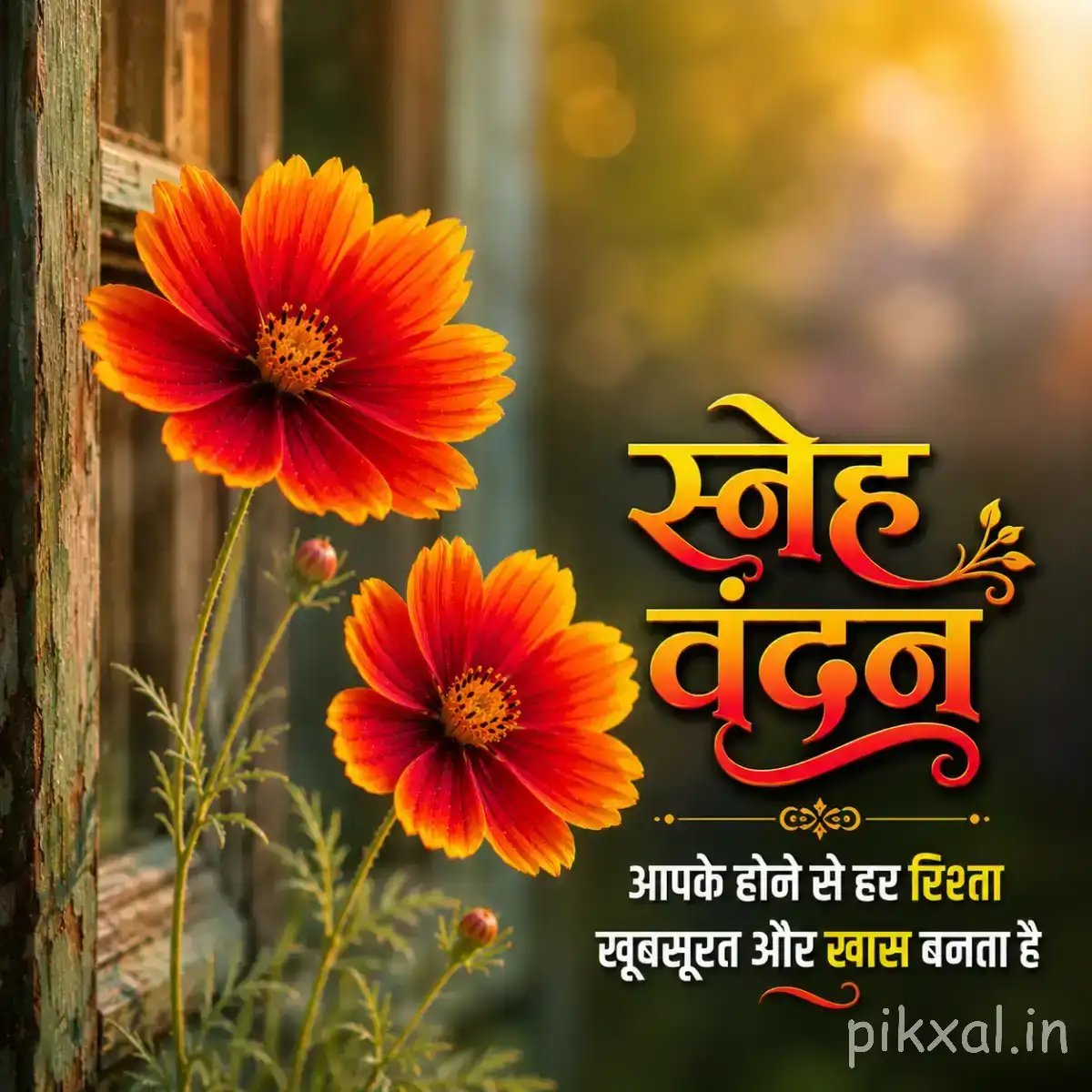 Orange-red flowers with dark centers growing upright in a grassy setting with a Hindi morning wish