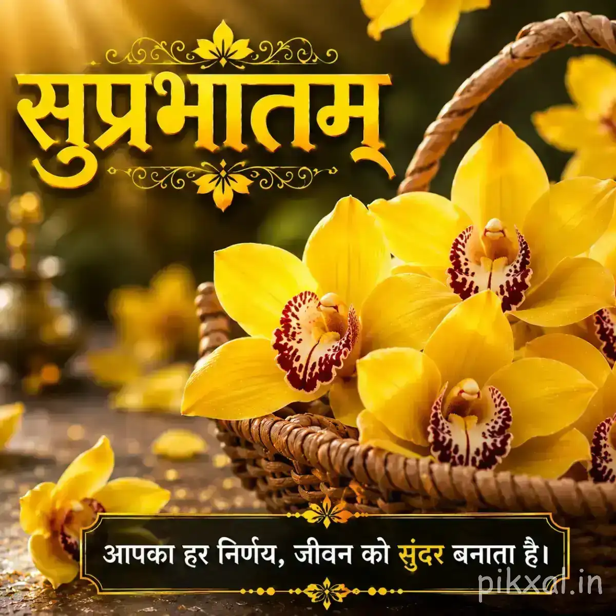 Several yellow flowers with rounded petals and dark centers arranged on a wooden surface with a Hindi Good Morning wish