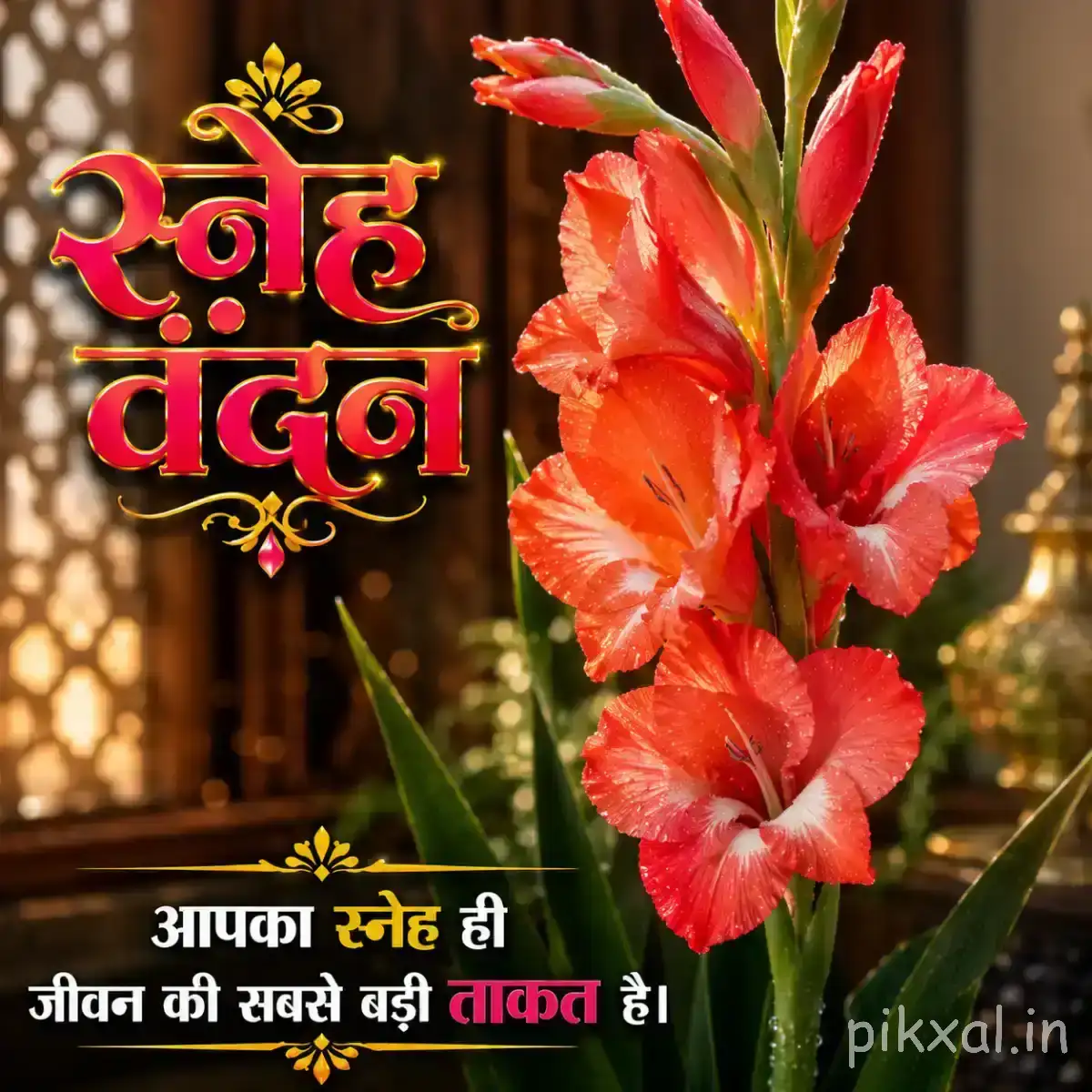 Several red-orange flowers with elongated petals on leafy stems against warm bokeh with a Hindi morning wish