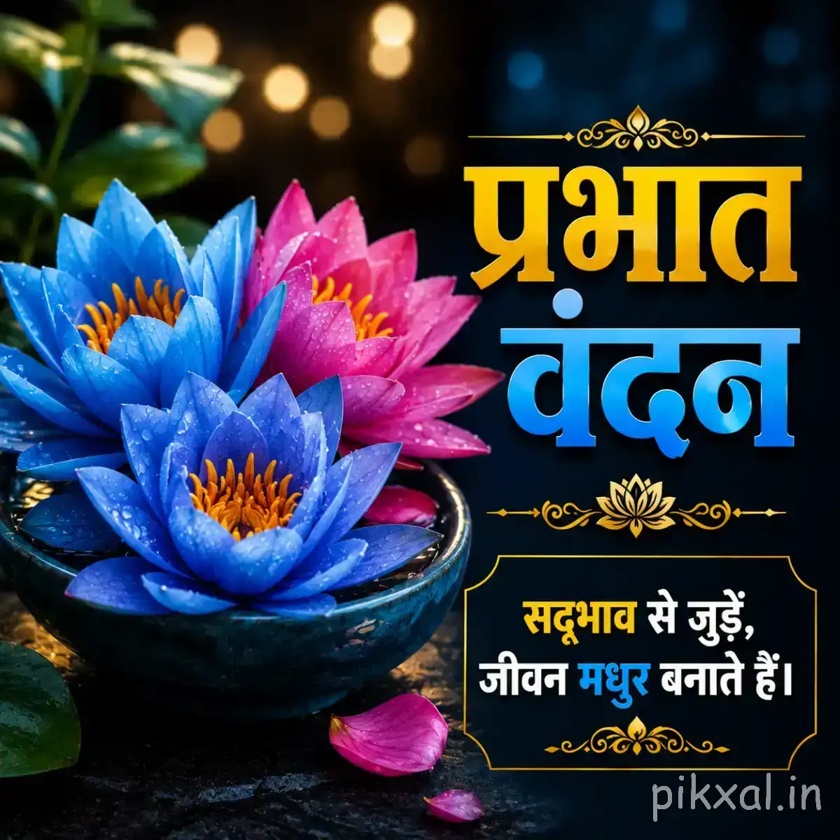 Blue and purple flowers with layered pointed petals arranged in a dark bowl with a Hindi Good Morning wish