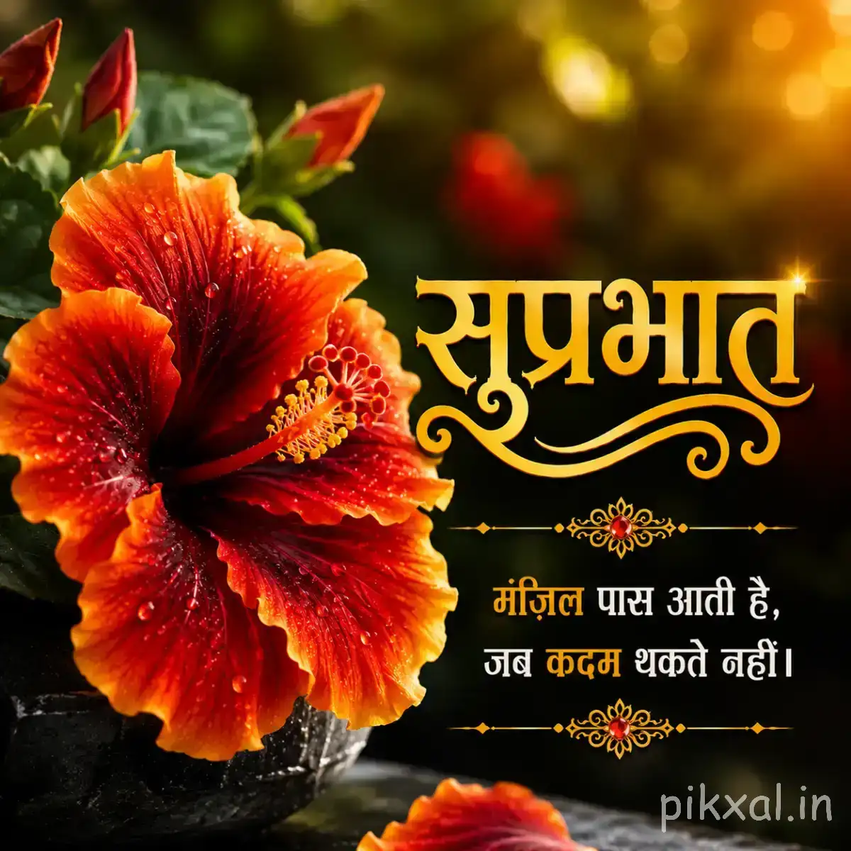 Large dark red flower with layered petals against a black background with a Hindi Good Morning wish