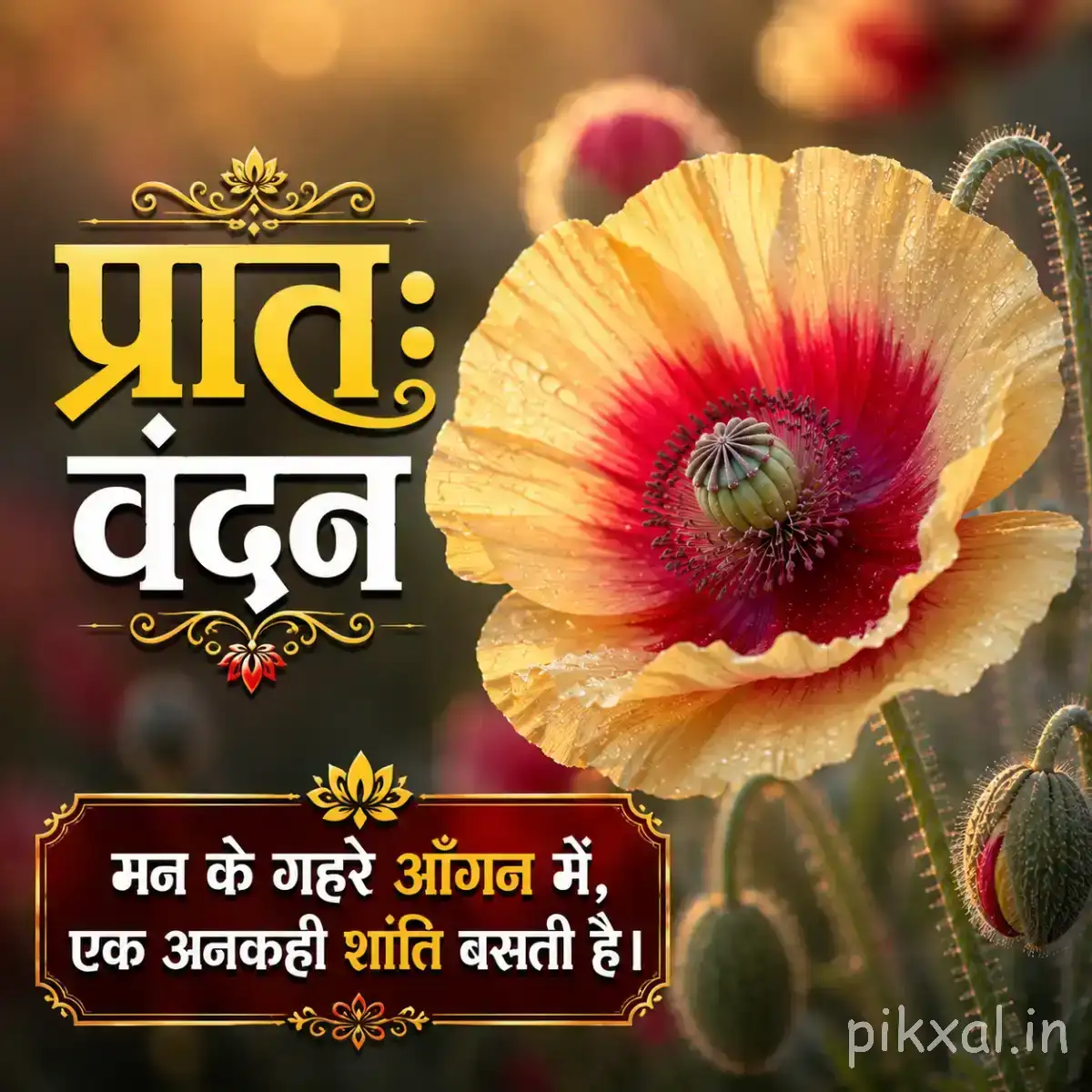 Two pale orange flowers with red centers and rounded petals against warm blurred foliage with a Hindi morning wish