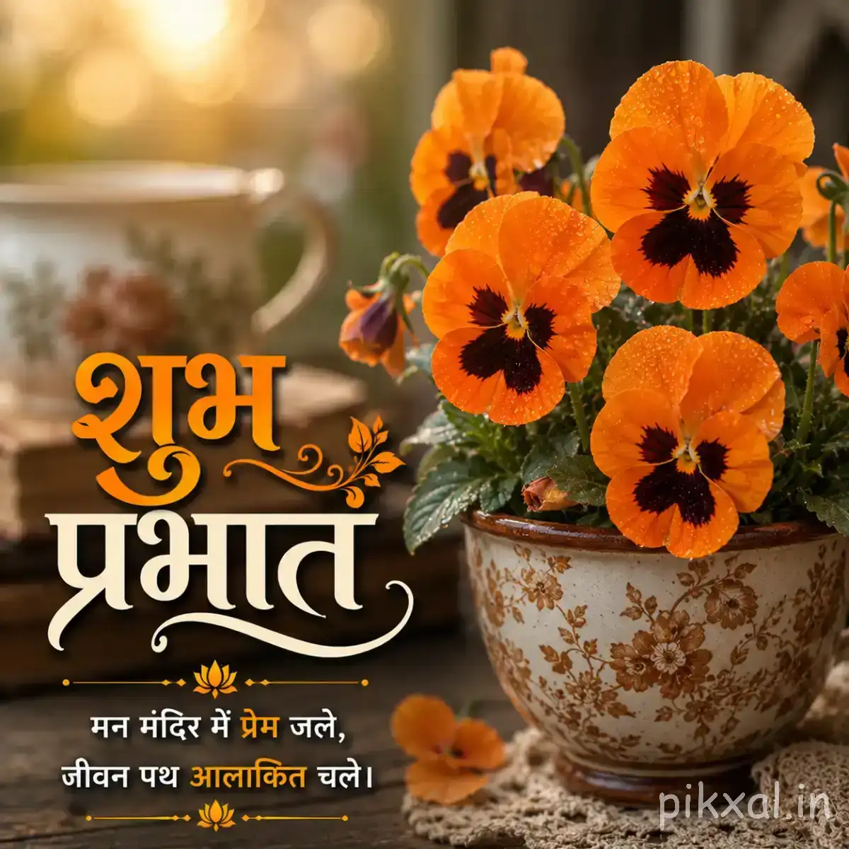Several orange flowers with dark centers growing in a decorated pot against warm garden light with a Hindi Good Morning wish