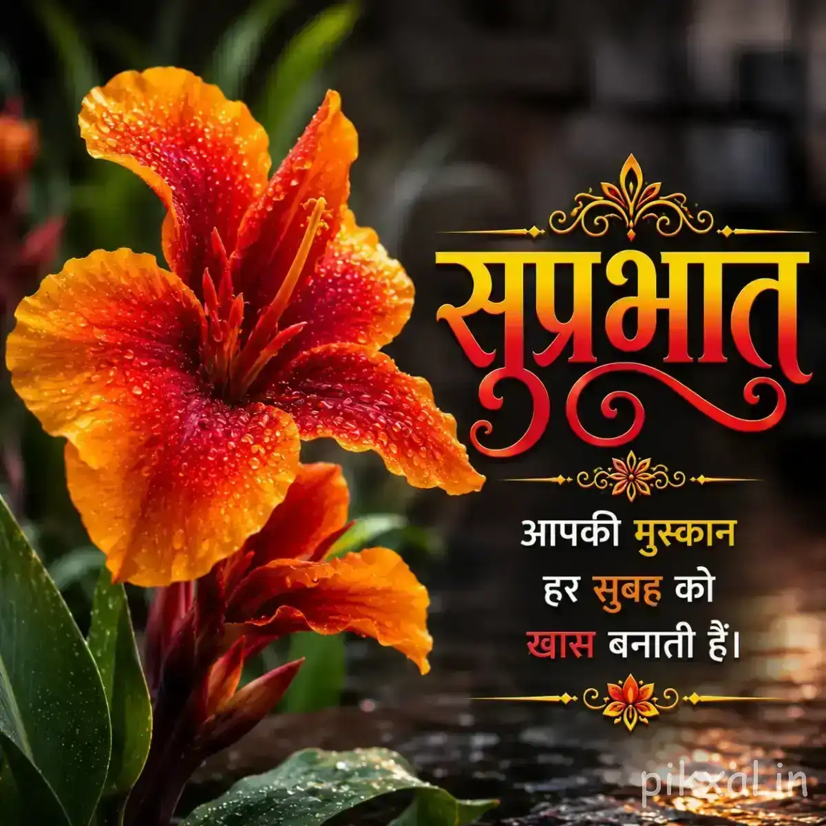 Large orange-red flower with layered petals and green leaves against a dark background with a Hindi Good Morning wish