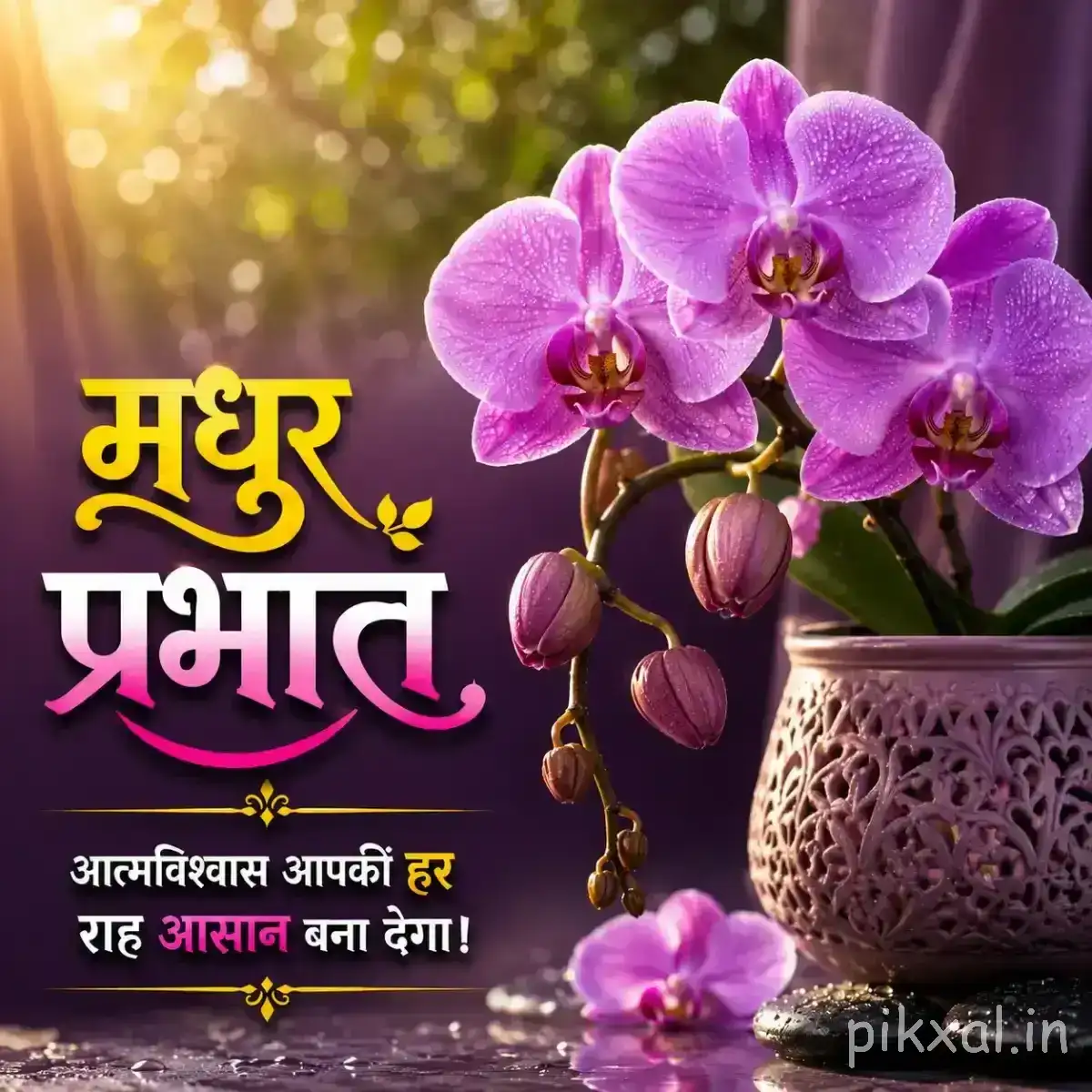 Several purple flowers with rounded petals arranged in a decorative pot with a Hindi Good Morning wish