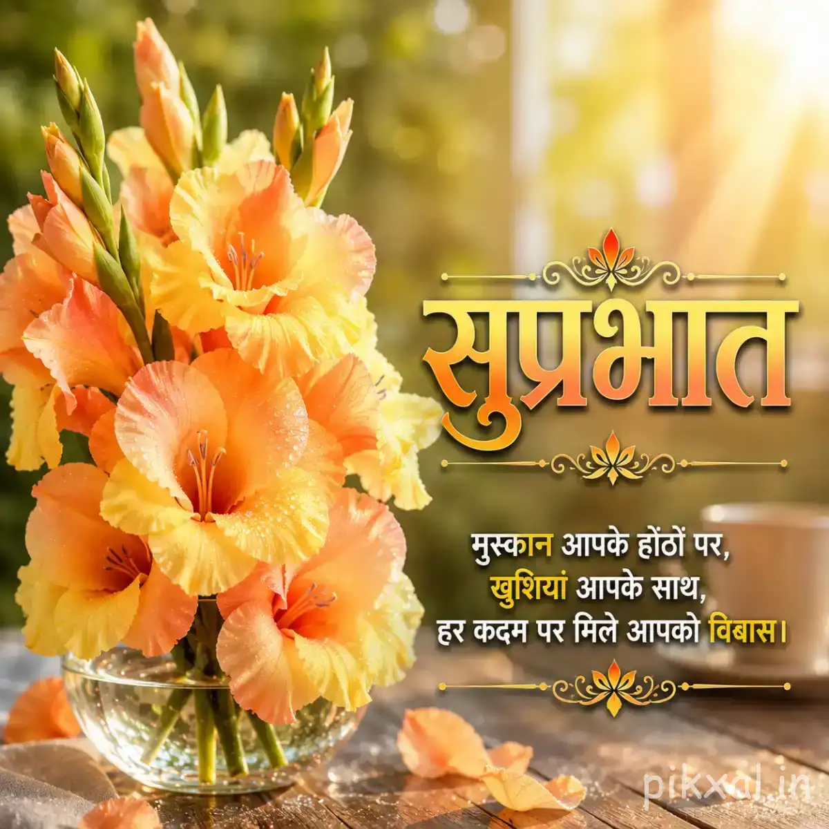 Several pale orange flowers with layered petals and unopened buds against warm blurred foliage with a Hindi Good Morning wish