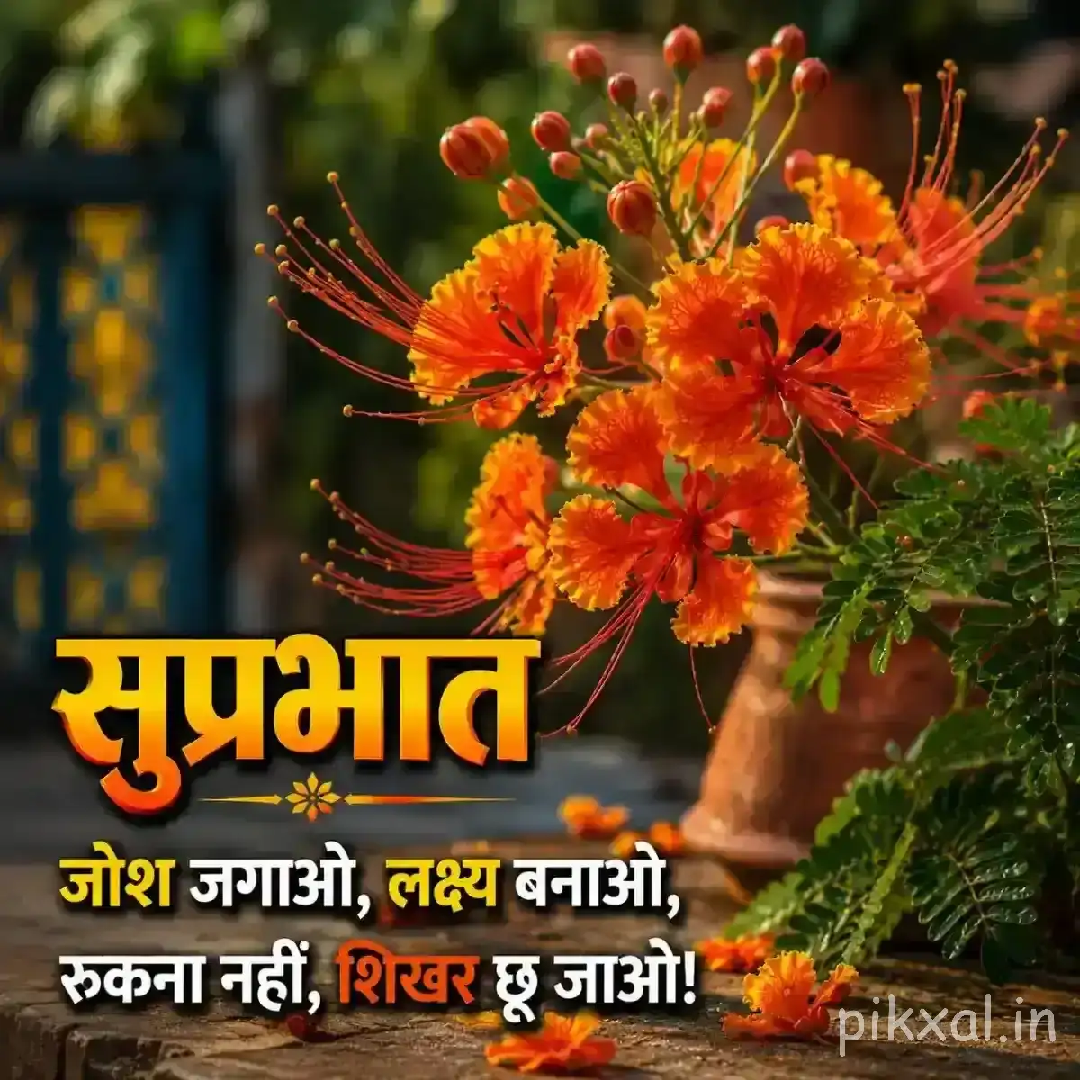 Cluster of orange-red flowers with long stamens and green foliage against a softly blurred garden background with a Hindi Good Morning wish