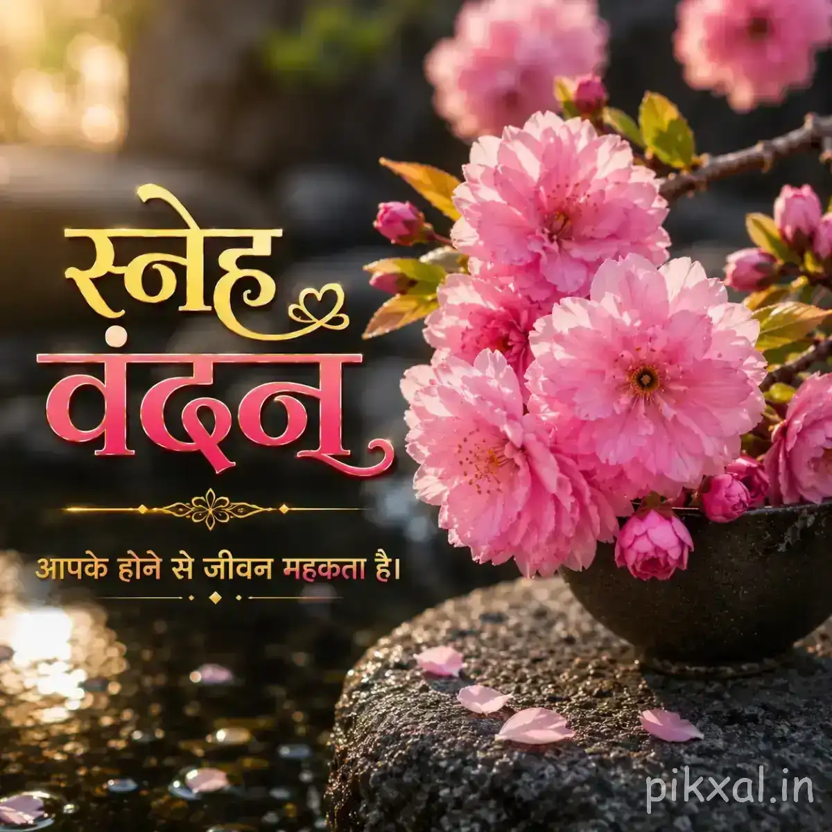 Several pale pink flowers with rounded petals beside dark stones and green foliage with a Hindi morning wish