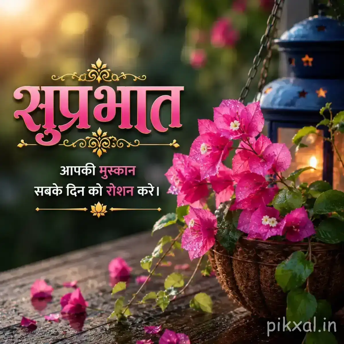 Bright pink flower clusters with green foliage beside dark decorative pots and a Hindi Good Morning wish