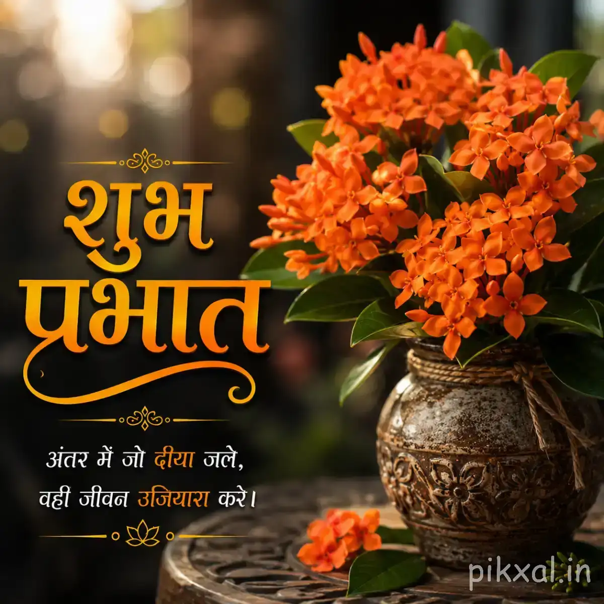 Dense cluster of small orange flowers in a decorative pot against warm blurred greenery with a Hindi Good Morning wish