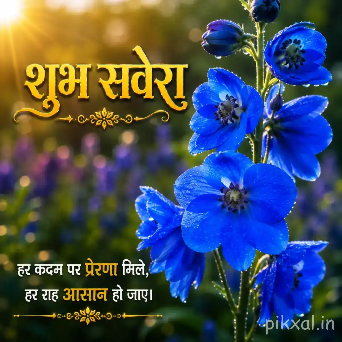 Several vivid blue flowers with dark centers and green stems against softly blurred foliage with a Hindi morning wish