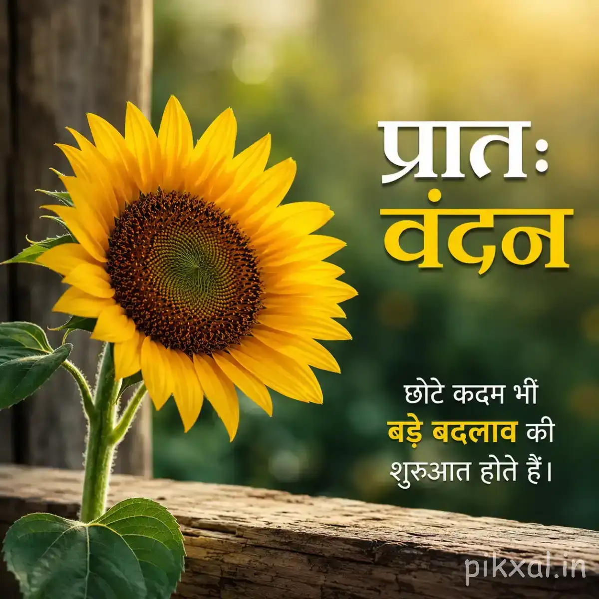 Large yellow flower with a dark center and broad petals beside green leaves on a wooden surface
