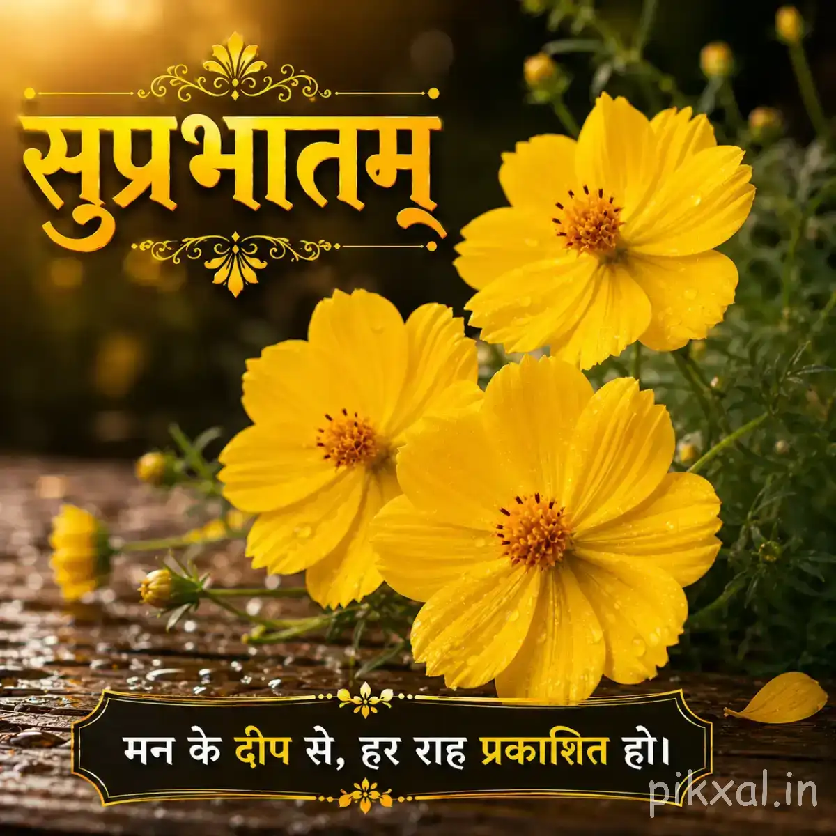 Several yellow flowers with rounded petals and dark centers against warm blurred foliage with a Hindi Good Morning wish
