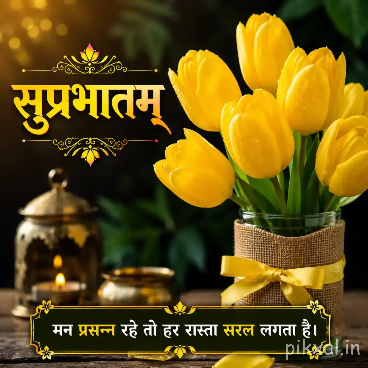 Yellow upright flowers with long petals arranged in a small pot against a softly blurred background with a Hindi morning wish