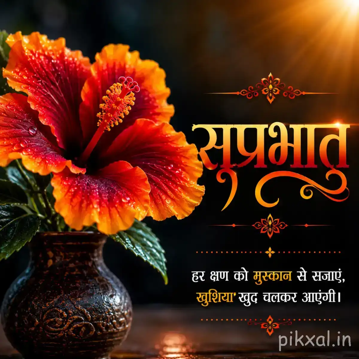 Large red-orange flower with layered petals in a decorative pot against a dark background with a Hindi Good Morning wish