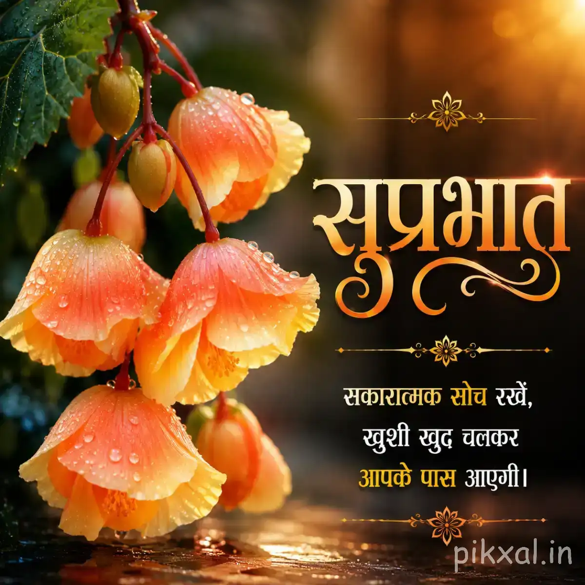 Several pale orange hanging flowers with rounded petals and green leaves against a warm blurred background with a Hindi Good Morning wish