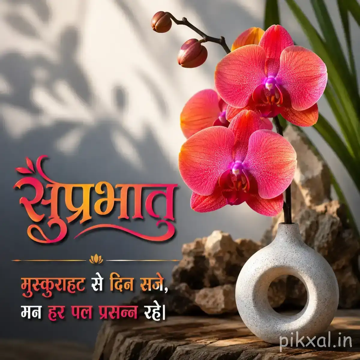 Pink flowers with rounded petals beside a white cup and green foliage against a softly lit background with a Hindi Good Morning wish