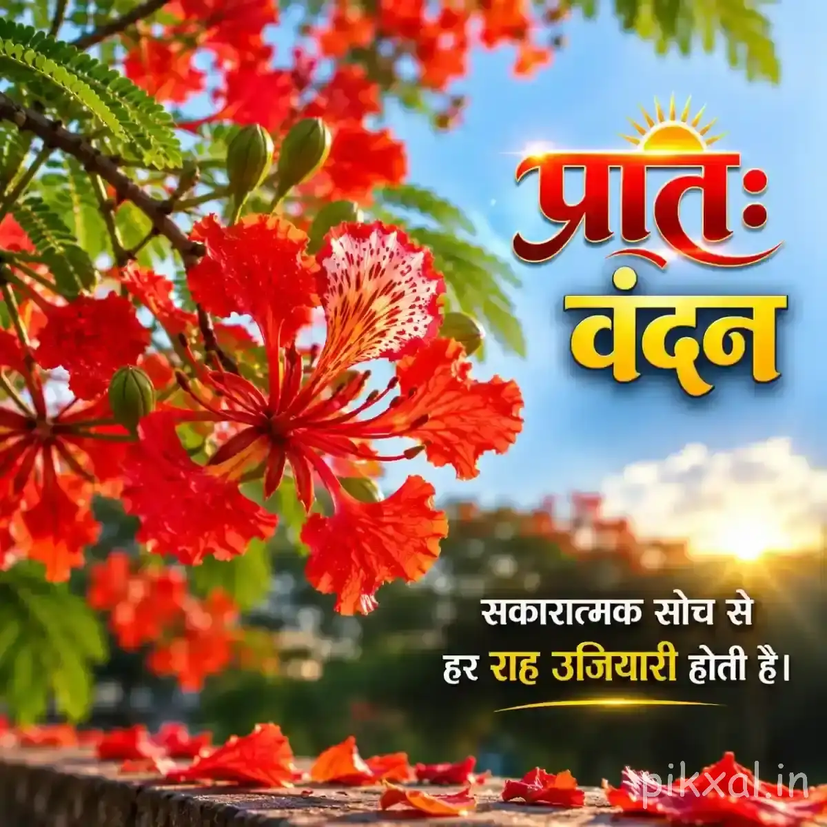 Several red-orange flowers with long stamens and green foliage against a bright garden background with a Hindi morning wish