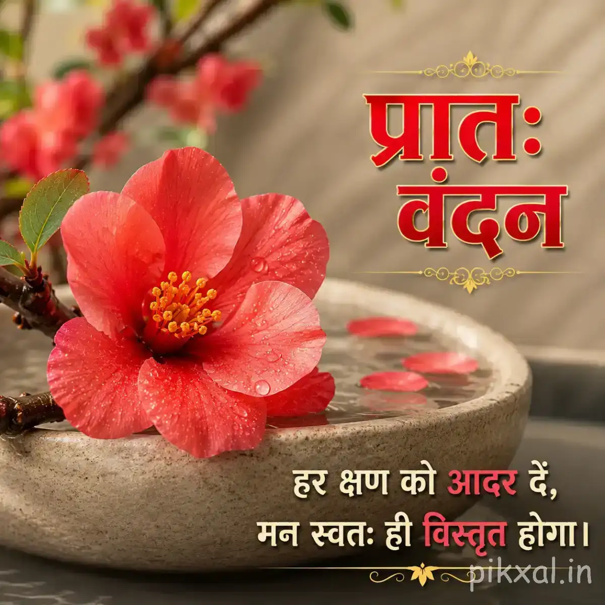 Single coral-red flower with broad petals resting in a shallow stone bowl with a Hindi morning wish