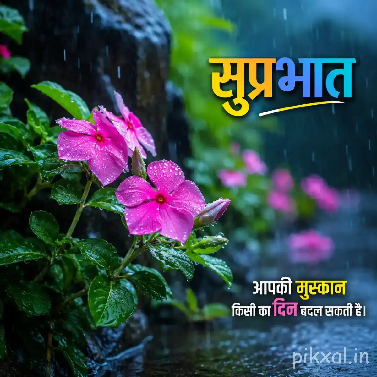 Two purple flowers with five rounded petals and green foliage against a softly blurred garden background with a Hindi Good Morning wish