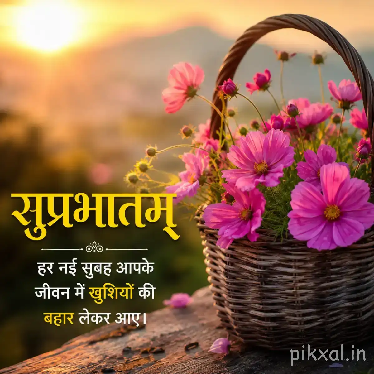 Several pink and purple flowers arranged in a woven basket against warm sunrise light with a Hindi Good Morning wish