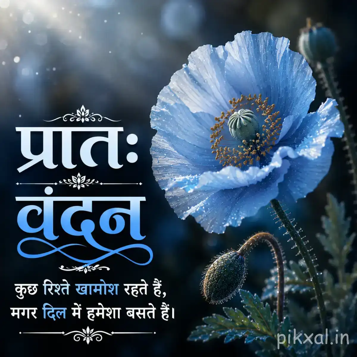 Single pale blue flower with delicate petals and a dark center against a dark water-like background with a Hindi morning wish
