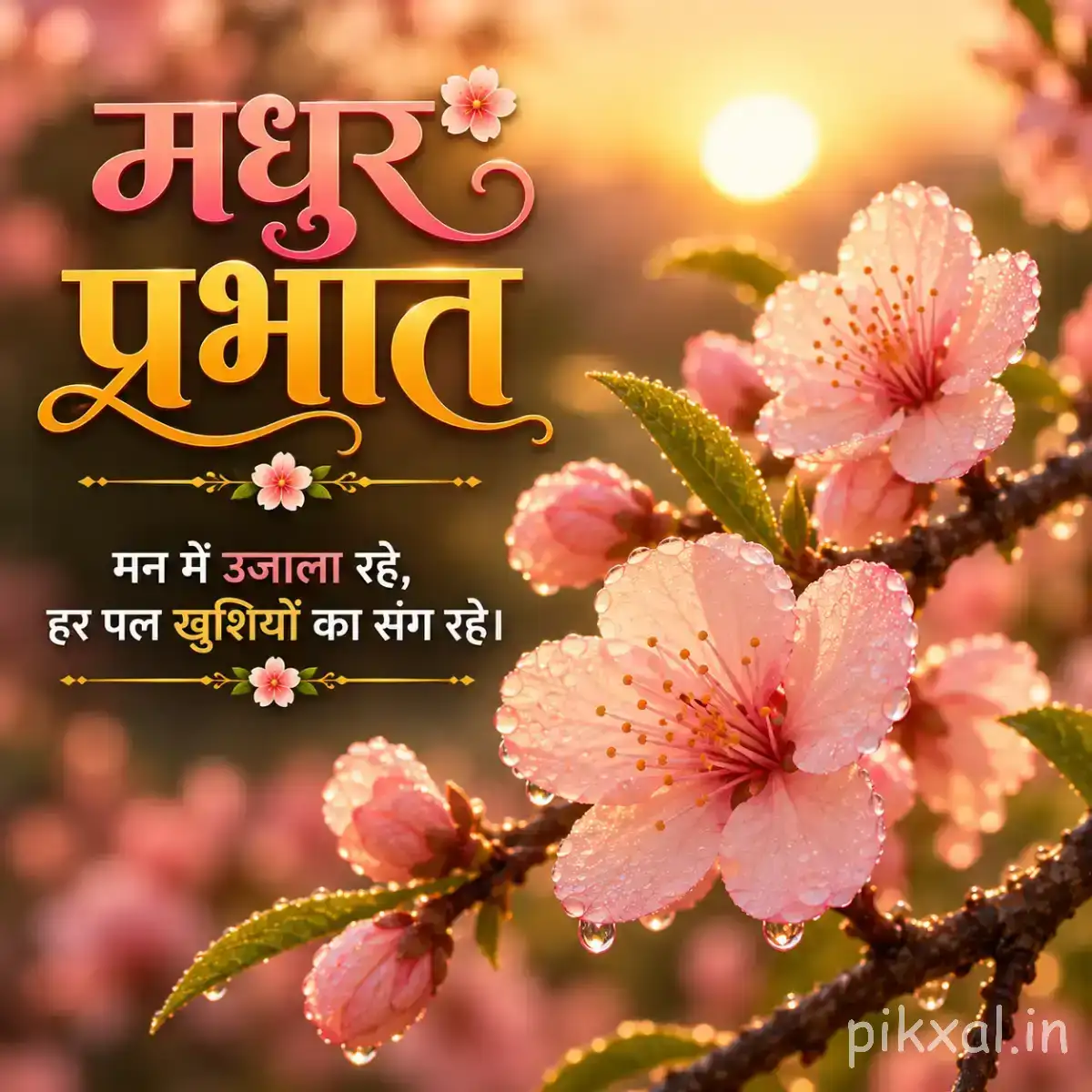 Several pale pink flowers blooming along a slender branch against warm sunrise light with a Hindi morning greeting