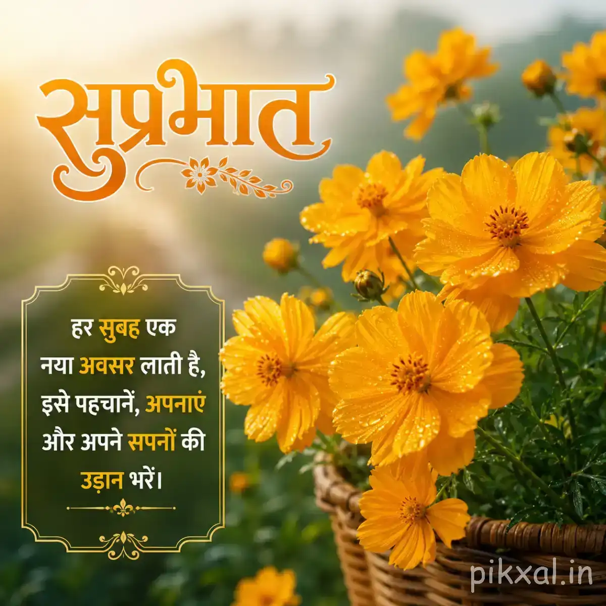 Multiple yellow flowers with rounded petals arranged in a pot against a softly blurred green background with a Hindi morning wish