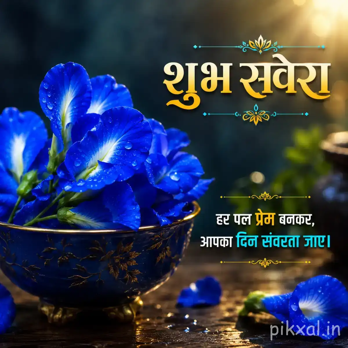 Cluster of vivid blue flowers arranged in a blue bowl against a dark background with a Hindi morning greeting