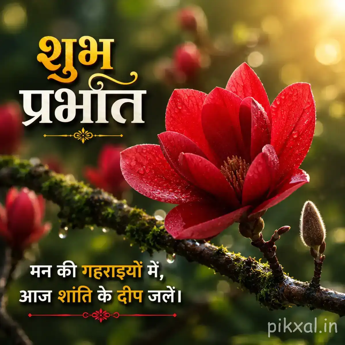 Single deep red layered flower with an unopened bud and green foliage against warm blurred light with a Hindi morning wish