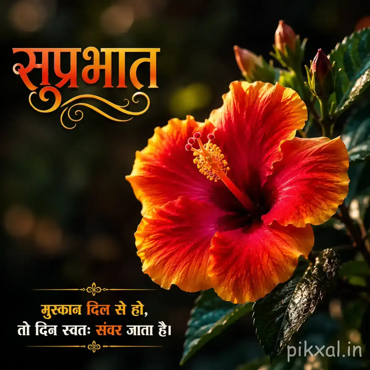 Red and orange flowers with dark centers and green leaves against a softly blurred garden background with a Hindi morning greeting