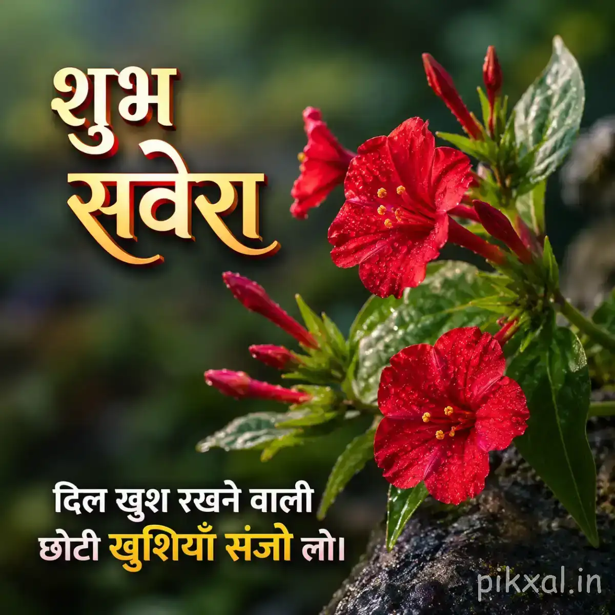 Several red flowers with layered petals and green leaves on branching stems against a dark blurred background with a Hindi morning wish