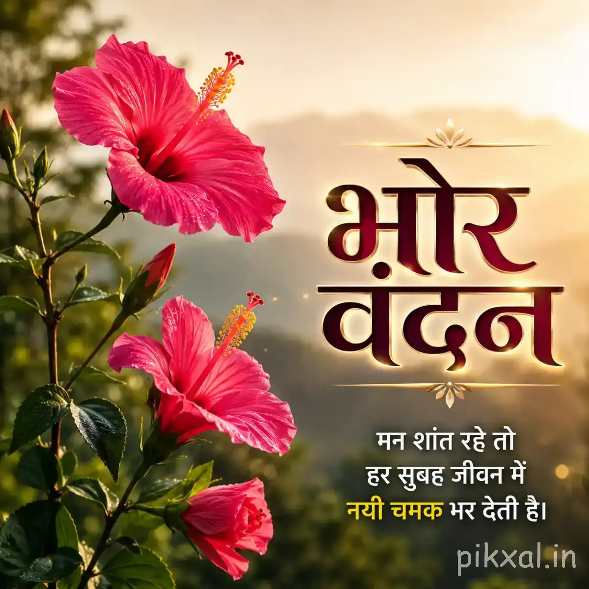 Several red open flowers with dark centers and green leaves against a softly blurred garden background with a Hindi morning greeting