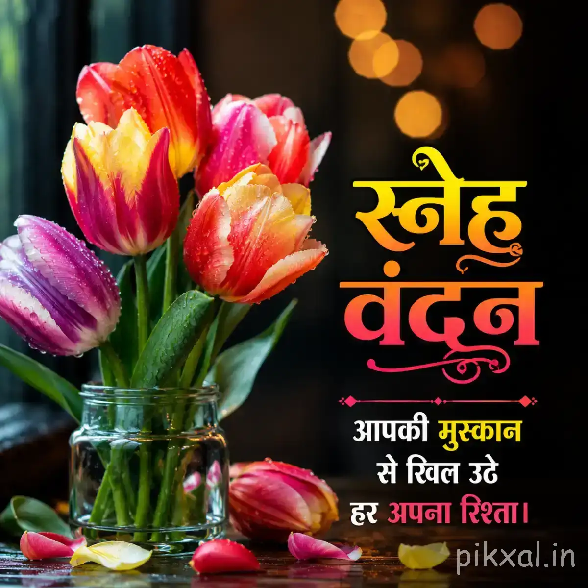 Orange, yellow, and purple flowers arranged in a clear glass vase with unopened buds and a Hindi morning greeting