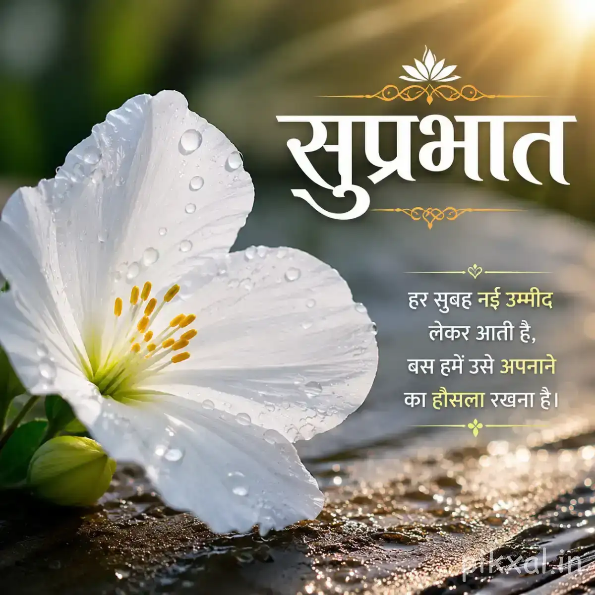 Single white flower with broad overlapping petals, yellow center, and visible water droplets beside a Hindi morning wish