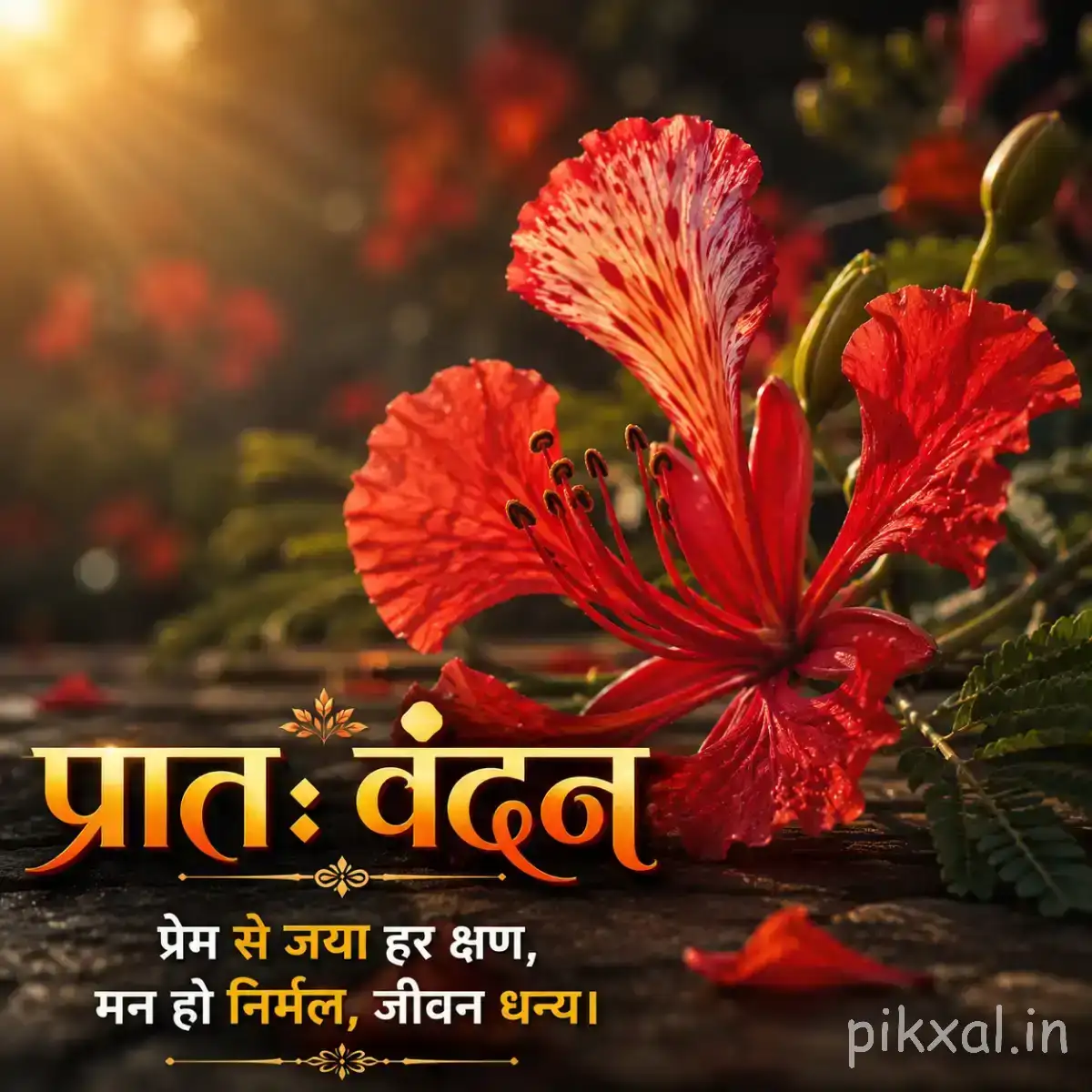 Large red flower with narrow spreading petals and a dark center against warm blurred foliage with a Hindi morning greeting