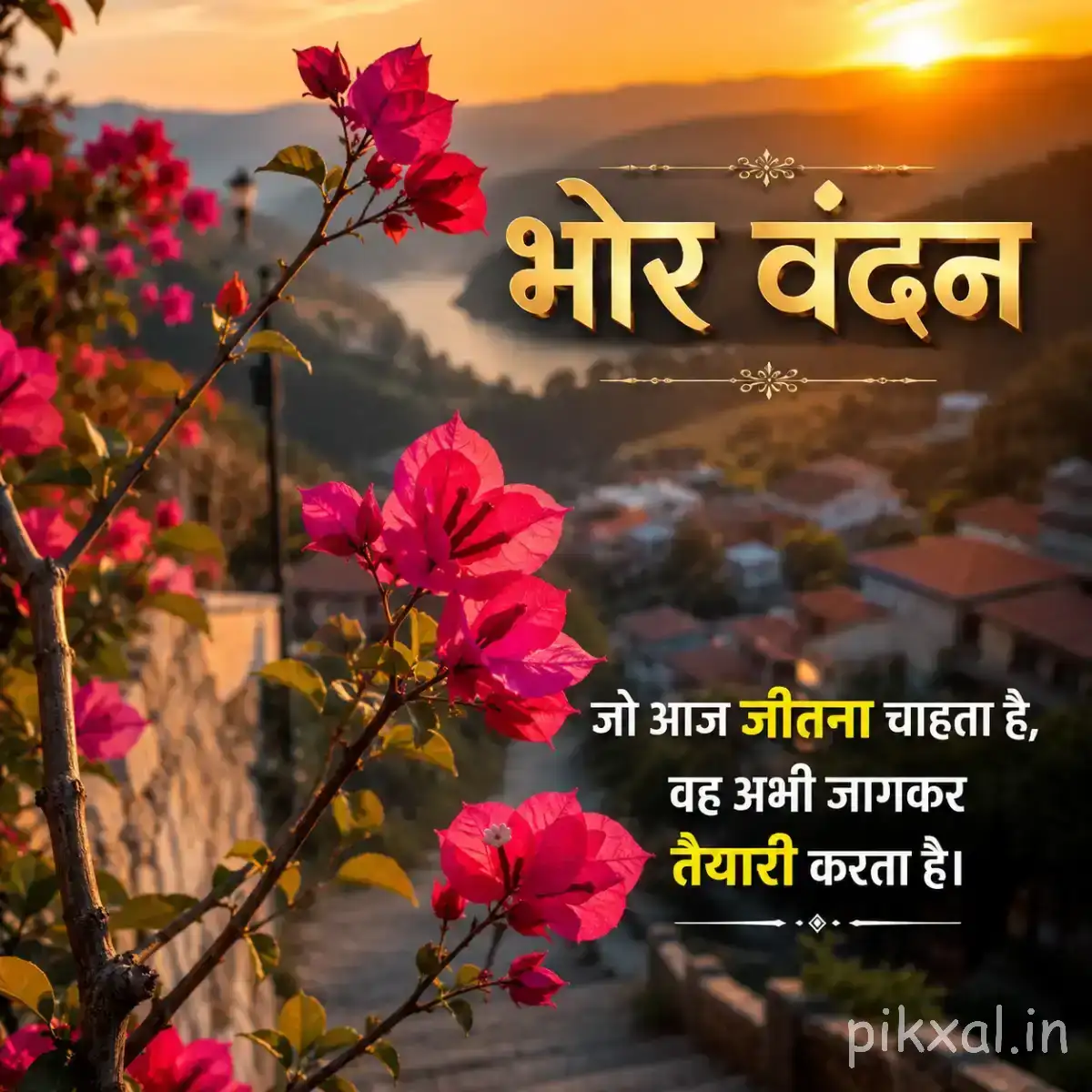 Pink flowers growing along thin branches against a sunset garden background with a Hindi morning wish