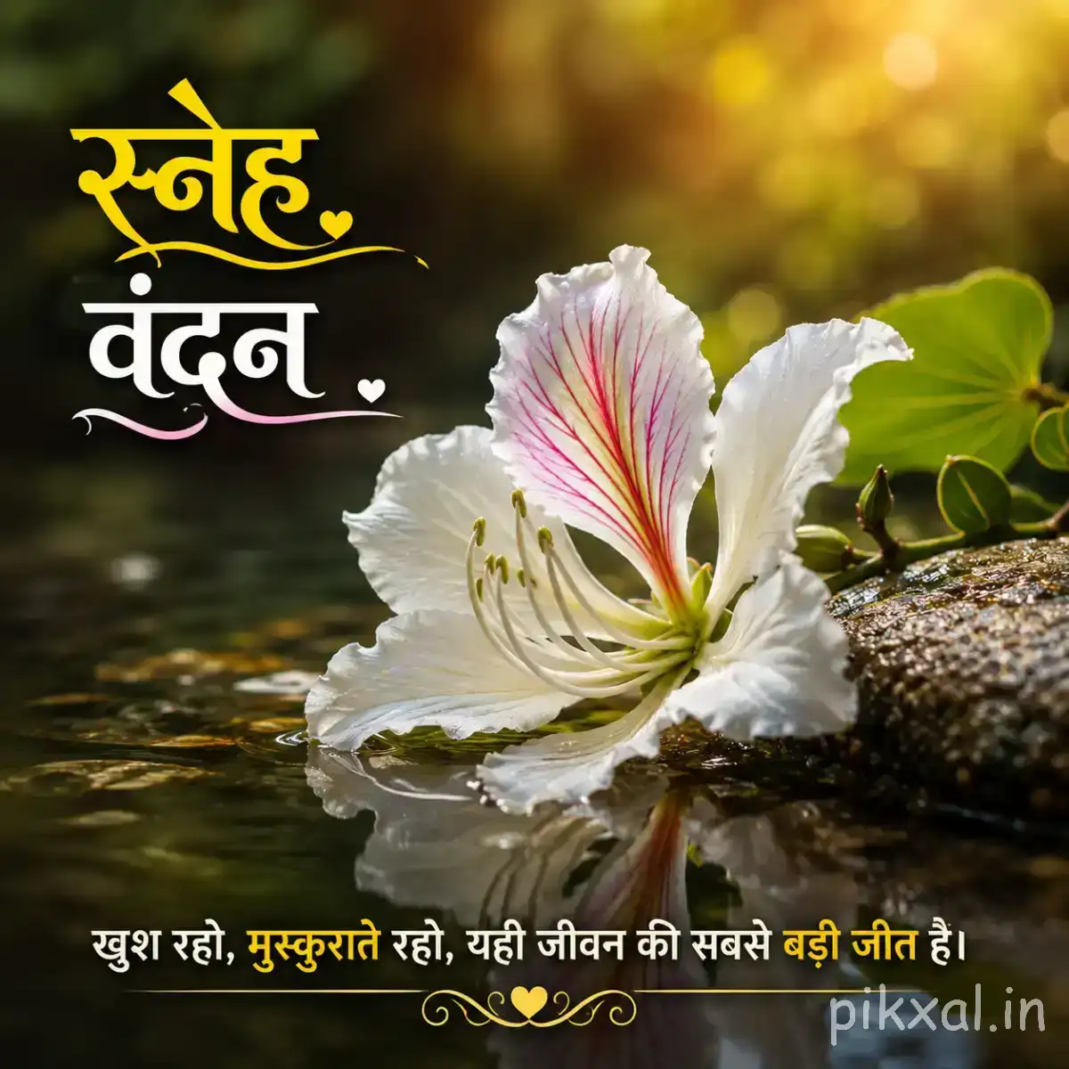 White flower with pale pink streaks and broad petals beside green leaves against warm blurred greenery with a Hindi morning greeting
