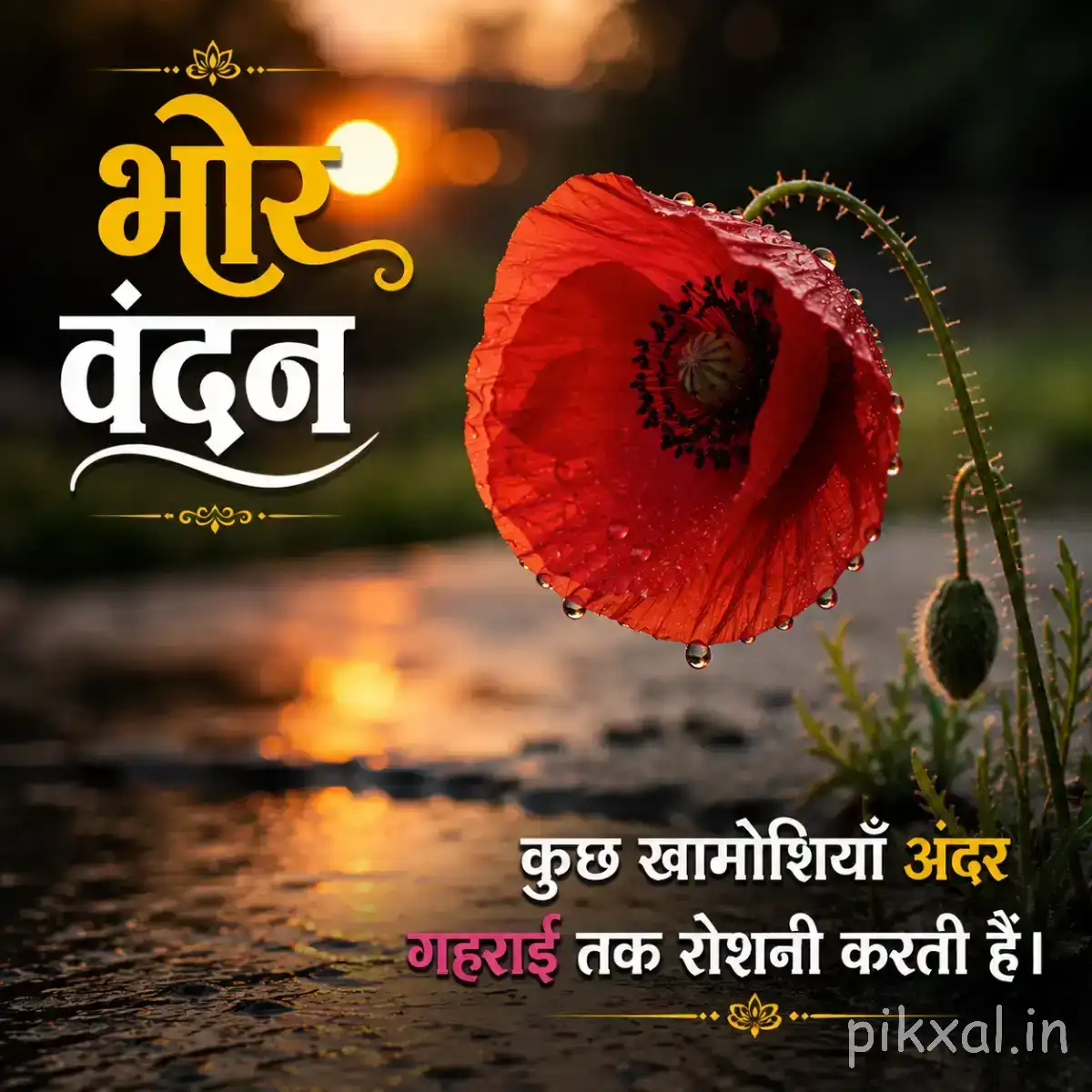 Single large red flower with a dark center and unopened bud beside calm water with a Hindi morning greeting