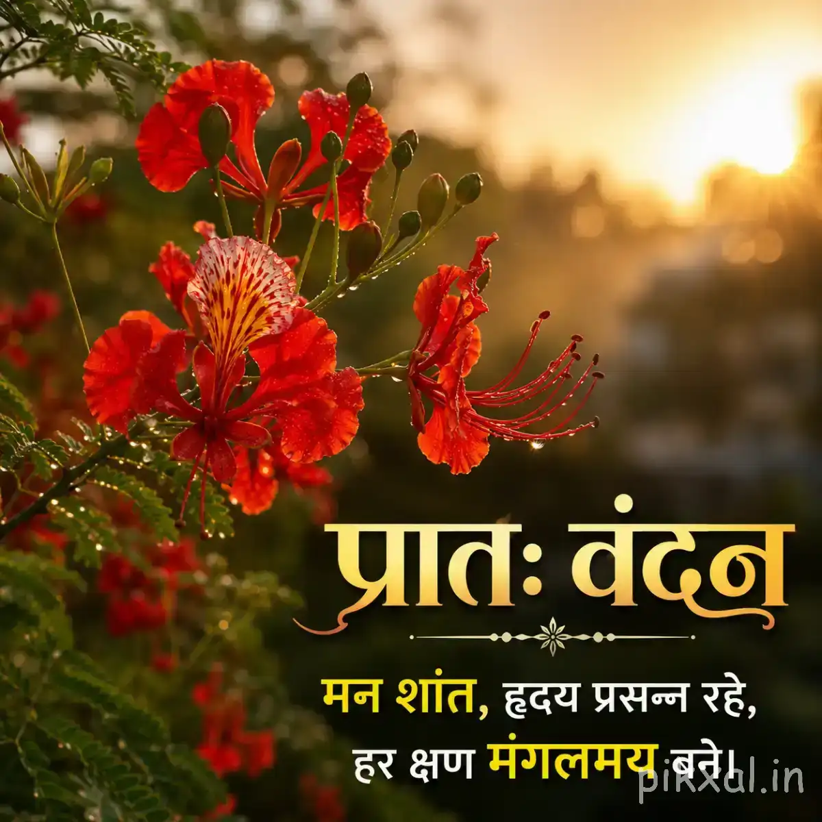 Several orange-red flowers growing on leafy stems against warm sunrise light with a Hindi morning wish